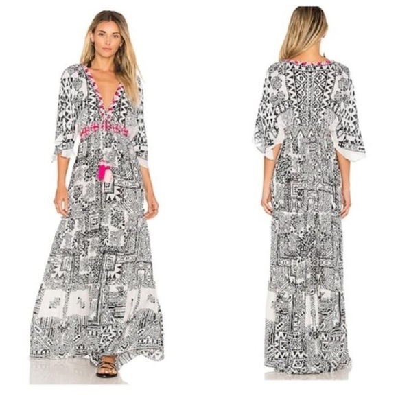 HEMANT & NANDITA Dresses & Skirts - Hemant & Nandita black white pink print lace up v-neck wide sleeve maxi dress
